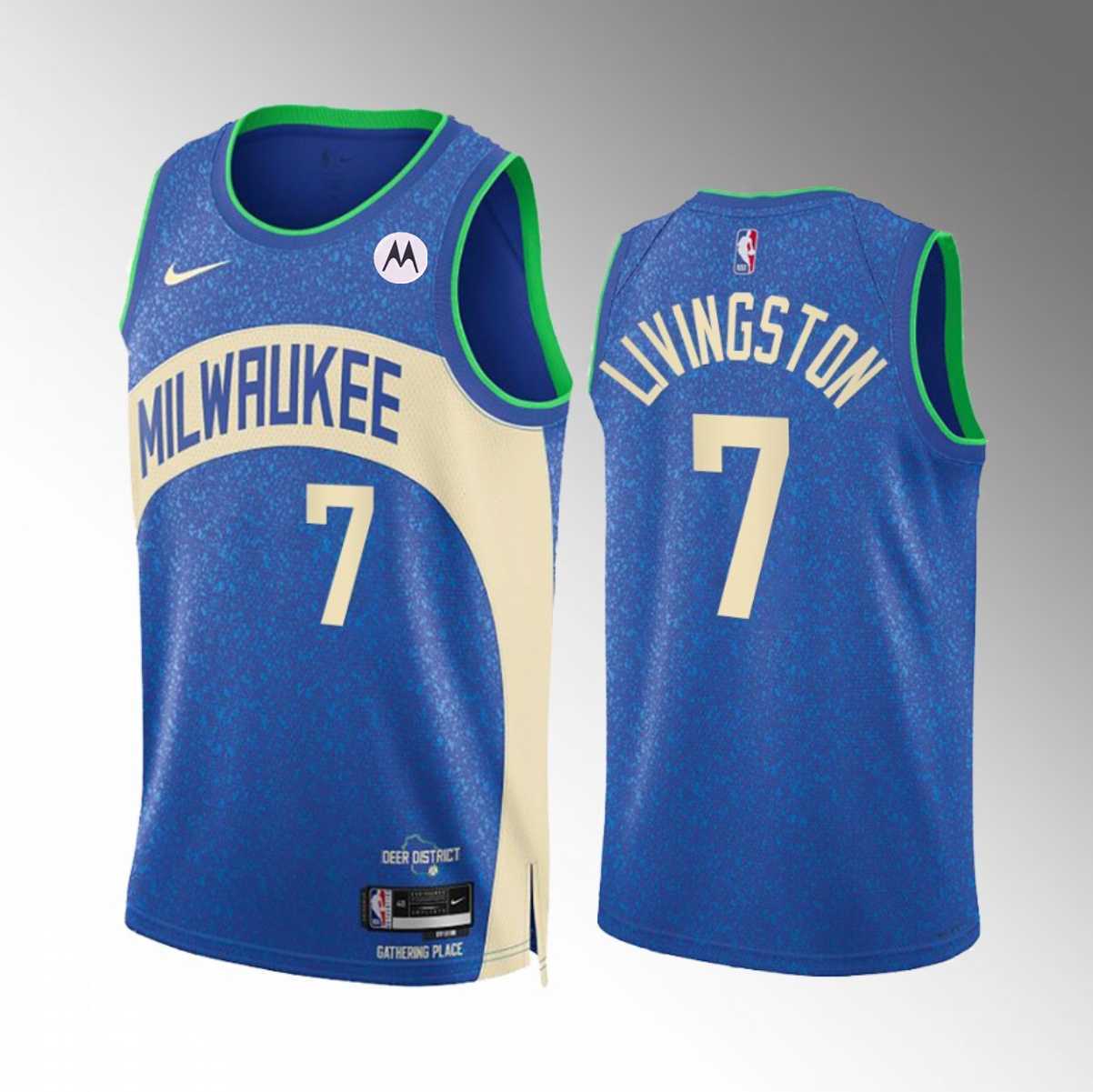 Mens Milwaukee Bucks #7 Chris Livingston Blue 2023-24 City Edition Stitched Basketball Jersey Dzhi
